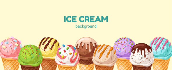 Colorful ice cream background.Tasty summer dessert.Ice-cream scoop and waffle cone with different toppings. 
Vector illustration of seasonal healthy food for takeout, café, bar menu, banner.