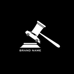 hammer of justice with a machine-like image on the end. logo for auction