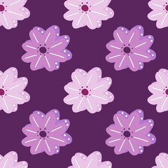 Floral seamless pattern with scandinavian pink and purple marguerite flowers. Purple background.