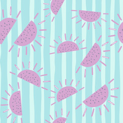 Funny seamless pattern with childish purple random sun ornament. Blue striped background. Doodle print.