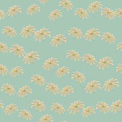 Decoative seamless pattern with little random beige palm licuala ornament. Blue background. Nature print.