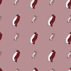 Animal antarctic seamless pattern with doodle crested penguins shapes. Pink dark background.