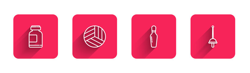 Set line Sports nutrition, Volleyball ball, Bowling pin and Fencing with long shadow. Red square button. Vector