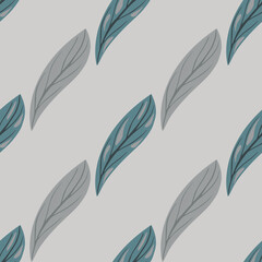 Minimalistic abstract nature seamless pattern with doodle leaf shapes. Grey background. Spring foliage print.
