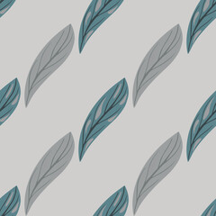 Minimalistic abstract nature seamless pattern with doodle leaf shapes. Grey background. Spring foliage print.