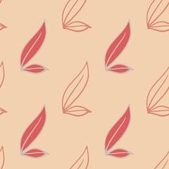 Bloom seamless pattern with hand drawn contoured leaf foliage shapes print. Pink palette background.