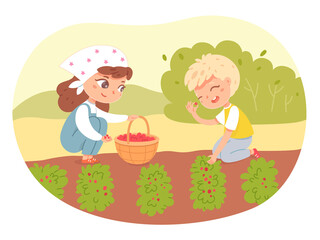 Kids working in farm or garden, collecting berries from bushes. Little happy boy and girl taking harvest vector illustration. Group doing chores in agriculture in summer time