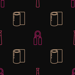 Set line Baseball bat, Fitness mat roll and Sport expander on seamless pattern. Vector