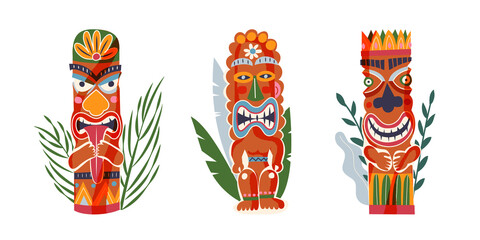 Hawaii aloha traditional totem figures set. Tropical summer elements of culture. Hawaiian vintage travel poster vector illustration. Wooden statues with faces on white background
