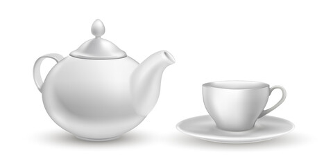 Teapot, cup and plate for tea set. Porcelain traditional tableware with handles for teatime vector illustration. Healthy drink modern crockery isolated on white background