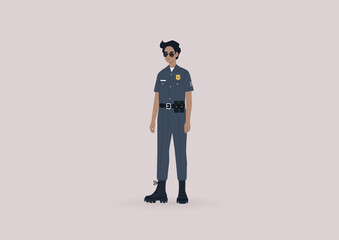 A young male police officer on duty wearing a uniform and sunglasses