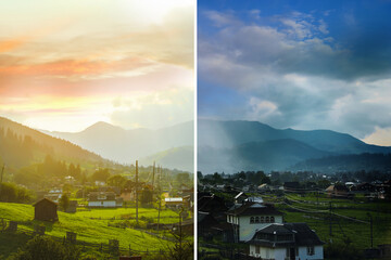 Photo before and after retouch, collage. Picturesque view of village and forest on mountain slopes