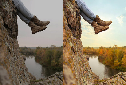 Photo before and after retouch, collage. Woman wearing stylish hiking boots on steep cliff, closeup