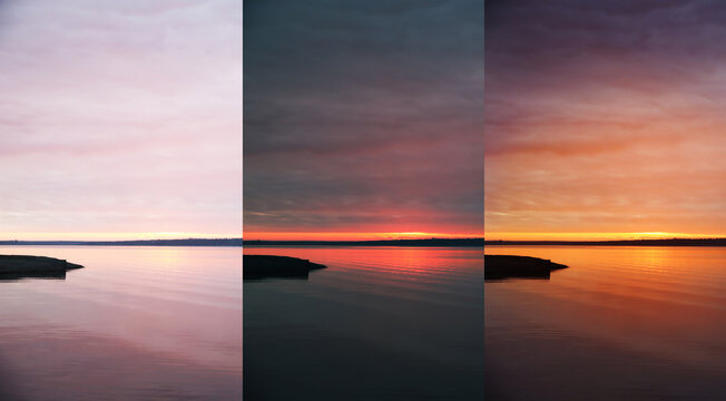 Photos before and after retouch, collage. Picturesque view of sunset at river