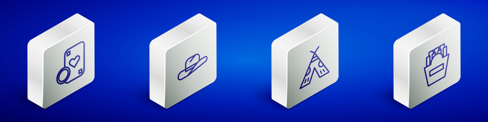 Set Isometric line Casino chip and playing cards, Western cowboy hat, Indian teepee or wigwam and Potatoes french fries box icon. Vector