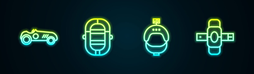 Set line Vintage sport racing car, Rafting boat, Helmet and action camera and Knee pads. Glowing neon icon. Vector