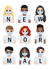 New normal lettering on white shirt background and Diverse girl and boy wearing medical mask, After Corona virus outbreak lifestyle vector illustration