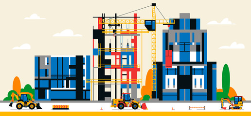 Obraz premium Construction site in the city between city buildings. Building under construction and service equipment. Heavy machinery, commercial vehicles, crane, houses, buildings. Vector illustration.
