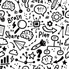 Hand drawn seamless pattern of brainstorm, idea, strategy. Doodle sketch style. Isolated vector illustration for a innovation, brainstorm, business wallpaper, background, textile design.