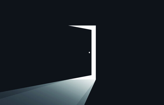 Open door with light in dark room. Light coming in through an open door. Abstract concept for business, new opportunities coming out, exit, hope, possibilities. Vector illustration