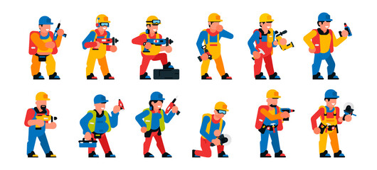 A set of workers with a power tool. Men and women working with professional power tools. Construction, renovation, people, smiles, happy. Vector illustration isolated on white background