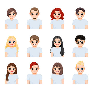 Set of young people in white t-shirts isolated. Collection of diverse girl and boy, Vector illustration in a flat style.