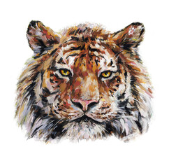 Bengal tiger muzzle closeup is isolated on a white background. Acrylic painting for design and print. Animal hand draw artwork.