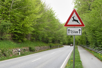 Kossau, Germany, May,12 2021, german road sign Wildwechsel, translation deer crossing at a street in a forrest in autumn © SLindenau