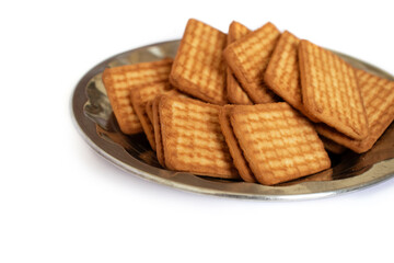 cashew cookies on white indian biscuits wheat biscuits in the plate white background