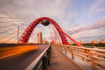 Zhivopisny bridge in Moscow at sunset. Moscow architecture.