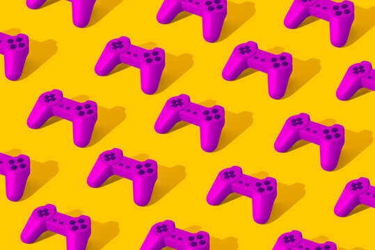 Pattern made with purple retro joystick on yellow background. 3d render. Angled view. Minimal bold game concept.