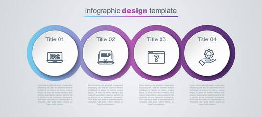 Set line Laptop and FAQ, help, Browser with question mark and Settings in the hand. Business infographic template. Vector