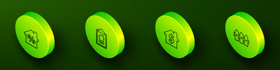 Set Isometric line House with percant discount, contract, dollar symbol and Garden fence wooden icon. Vector