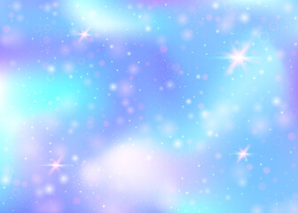 Naklejka na ściany i meble Fairy background with rainbow mesh. Kawaii universe banner in princess colors. Fantasy gradient backdrop with hologram. Holographic fairy background with magic sparkles, stars and blurs.