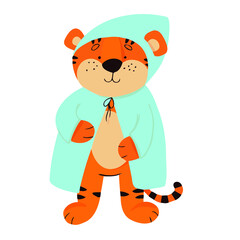 Vector illustration with a tiger in a raincoat. The tiger cub is hiding from the rain.