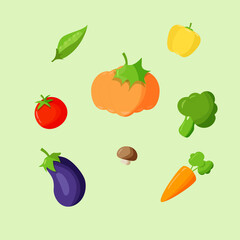 Vegetables as a background. Healthy food. Icons for the website. Banner. Pumpkin, eggplant, tomato, peas, mushrooms, carrots, peas, peppers.
