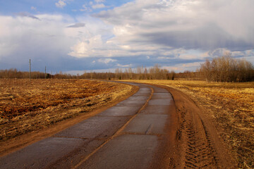 natural landscape yellow field and blue sky with clouds, concrete road through the field goes into the horizon