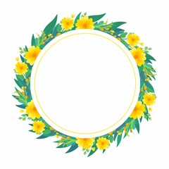 Yellow floral blank border for social media post, greeting card design.  Round empty frame with spring yellow flowers and green leaves. 