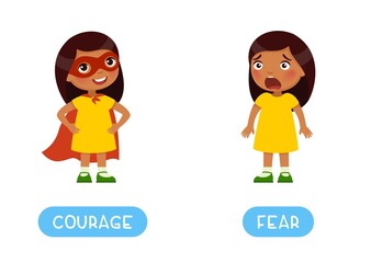 Obraz na płótnie Canvas Courage and fear antonyms word card, opposites concept. Flashcard for English language learning. Brave Indian little girl in a heroic pose and a superhero costume. Frightened dark skin child with fear
