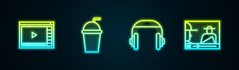 Set line Online play video, Paper glass with straw, Headphones and . Glowing neon icon. Vector