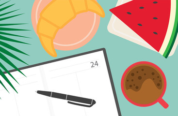 wake up concept, coffee, alarm clock, sleeping mask and monstera leaf- vector illustration