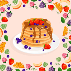 Vector illustration on a pink background pancakes with honey, strawberries and blueberries for birthday, holiday for advertising, postcard, banner. Collection of cartoon sweet dessert elements.