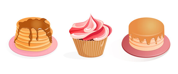 Set of pancakes, cupcake, muffin and cake. Vector cartoon illustrations isolated on white background. Baking and sweets