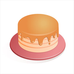 Cartoon cake with jam or syrup on a pink plate. Vector illustration of delicious breakfast, American brunch, birthday cake isolated on white background. Food, baking and sweets concept.