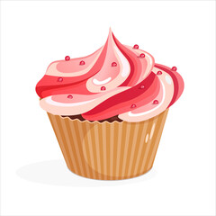 Cartoon cupcake with pink cream. Vector illustration of delicious muffin isolated on white background. Food, baking and sweets concept.