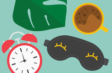 wake up concept, coffee, alarm clock, sleeping mask and monstera leaf- vector illustration