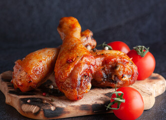 grilled chicken legs with tomatoes on a wooden board