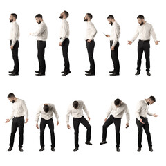 Collection of businessman waiting in line then searching something lost. Set of full body isolated...