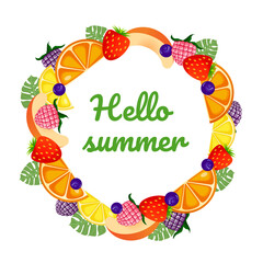 Hello summer lettering with raspberry, blackberry, strawberry, blueberry, peach, orange and greenery. Vector cartoon elements of berries and fruits. Vector illustration. Round template for your design