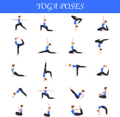 Fototapeta na wymiar Yoga poses with different asanas done by young girl wearing blue sports dress